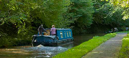 People Fishing and Couple on Narrowboat, Monmouthshire and Brecon Canal, Usk Valley, Brecon Beacons, South East Wales